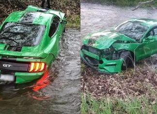 Pemandu kurang pengalaman, Ford Mustang GT baru dibeli tiga hari terjunam ke dalam sungai