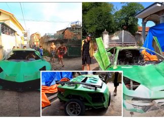 Replika Lamborghini Aventador ini dibuat dari kadbod dan dikuasakan enjin motosikal