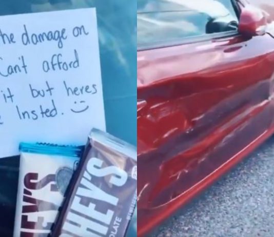 Selepas dilanggar, pemilik kereta ini diberi ganti rugi dengan dua keping coklat