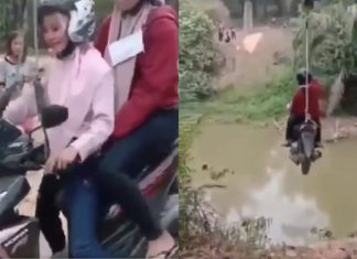Tiada jambatan, wanita ini guna kaedah ‘flying fox’ pada motosikal untuk seberangi sungai