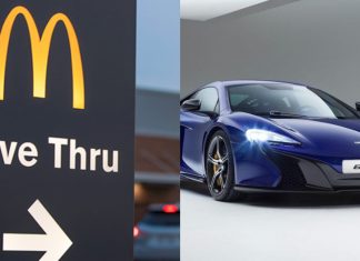 Lelaki ini selamba pandu lalu di McDonald’s guna McLaren 650S, lengkap pakai baju lumba dan topi keledar