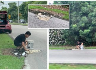 Lelaki ini cuba baiki lubang pada jalan raya, elak berlaku kemalangan