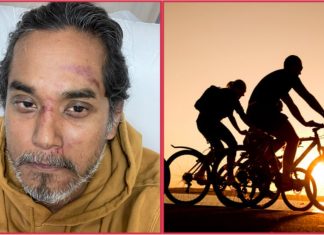 Gara-gara terlanggar lubang jalan raya, Khairy Jamaluddin terjatuh ketika berbasikal