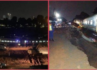 Kereta api tergelincir di Johor Bahru, difahamkan berpunca dari mendapan tanah