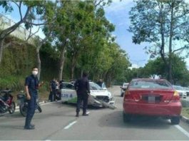 Perodua Myvi langgar kereta peronda polis, dua anggota cedera