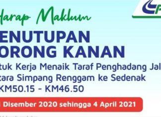 PLUS tutup lorong kanan Simpang Renggam-Sedenak hingga April 2021 untuk kerja naik taraf