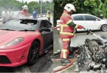 Ferrari F430 hangus terbakar, pemandu berjaya selamatkan diri