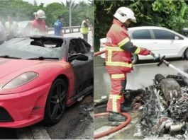 Ferrari F430 hangus terbakar, pemandu berjaya selamatkan diri