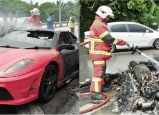 Ferrari F430 hangus terbakar, pemandu berjaya selamatkan diri
