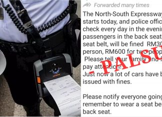 Polis nafi saman penumpang tidak pakai tali pinggang keledar belakang