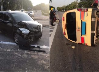 Perodua Myvi terlanggar ambulans hingga terbalik