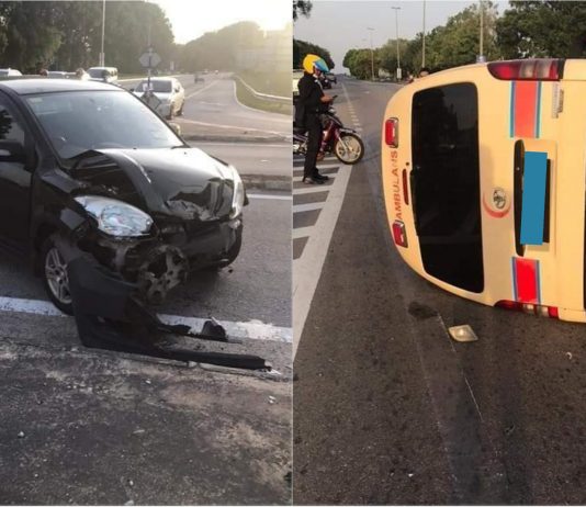 Perodua Myvi terlanggar ambulans hingga terbalik