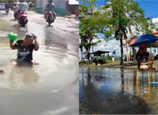 Tarik perhatian pihak bertanggungjawab, lelaki ini mandi dan memancing dalam lubang jalan
