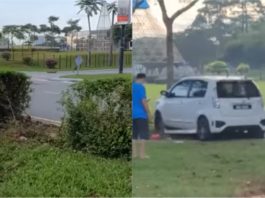Perodua Myvi hilang kawalan, terbang lintas longkang besar