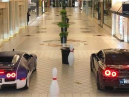 Lumba drag dalam pusat beli-belah, Nissan GT-R R35 tapau Bugatti Veyron