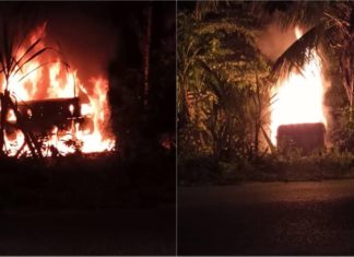 Proton Iswara Aeroback hangus terbakar gara-gara budak main mercun