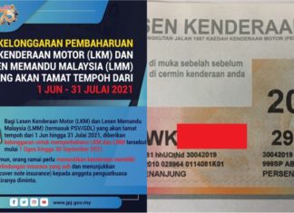Kelonggaran pembaharuan lesen memandu dan LKM pada 1 Jun hingga 31 Julai 2021