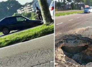 Proton Wira masuk lubang gara-gara tanah mendap