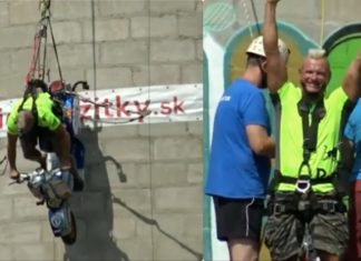 Aksi berani mati tunggang Vespa turun serombong setinggi 110 meter