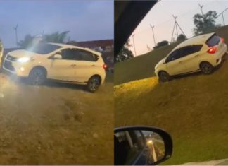 Pelik…bagaimana Myvi ini tersangkut atas tebing tinggi dan lompat longkang besar