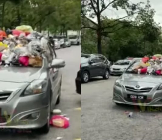 Padah ‘double park’ tak turunkan brek tangan, Vios ini jadi tempat buangan sampah…