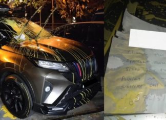Along salah simbah, empat kereta jadi mangsa cat kuning!