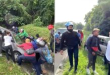 Netizen puji geng motor hulur bantuan tolak keluar Perodua Kancil masuk longkang