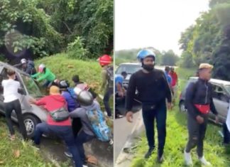 Netizen puji geng motor hulur bantuan tolak keluar Perodua Kancil masuk longkang