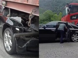 Kena himpit dua lori, netizen puji ketahanan Rolls-Royce Ghost walau remuk
