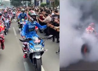 Perarakan pelumba MotoGP di Jakarta, Marquez nakal lakukan aksi burnout