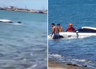 Lupa letak P, Nissan GT-R R35 ‘terjun’ ke laut pada acara lumba drag