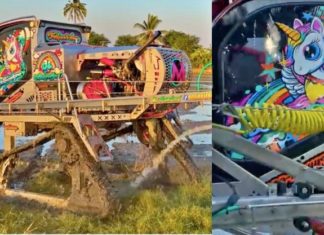 Traktor unicorn bukan saja dilengkapi subwufer luar bahkan lakukan aksi ‘donut’