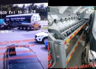 Perodua Myvi himpit rapat lori tangki, siapa salah?