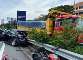 Brek gagal berfungsi, lori pasir rempuh tiga kenderaan di Lebuhraya Persekutuan