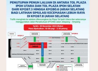 PLUS tutup sementara laluan Ipoh Utara-Ipoh Selatan (Arah Selatan) pada 30 November