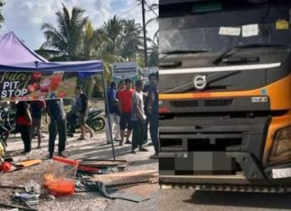 Peniaga air buah maut terkena tayar treler terpelanting