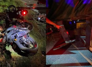 Tiga penunggang motor maut langgar belakang lori