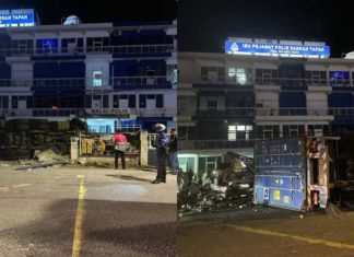 Lori kontena langgar pondok kawalan, anggota polis cedera ringan