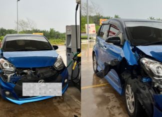 Myvi kena langgar lori di petak pam minyak, gara-gara ke tandas pemilik dipersalahkan