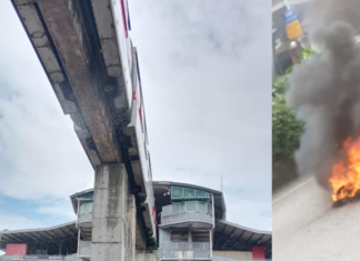 Tayar monorel terbakar, jatuh atas jalan raya