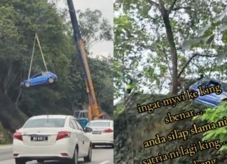 Proton Satria tersadai atas bukit Lebuhraya PLUS, bawa turun guna kren