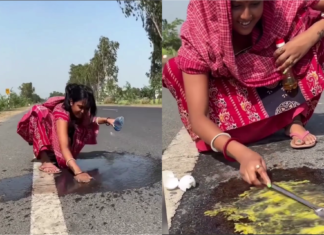 Cuaca terlampau panas, wanita ini siap goreng telur dadar atas jalan raya