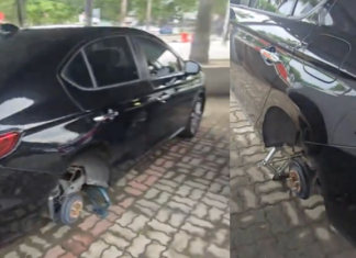 Rim Honda City kena rembat di parkir berbayar