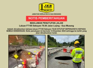 Lubang benam: JKR tutup jalan Lojing-Gua Musang kepada semua kenderaan