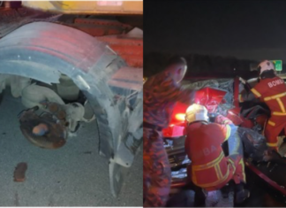 Tayar lori tercabut, wanita tersepit dalam kemalangan tiga kenderaan