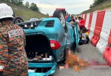 Perodua Axia terbabas lalu terbalik, seorang maut