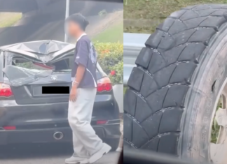 Tayar lori meletup, terpelanting timpa Proton Satria di SKVE