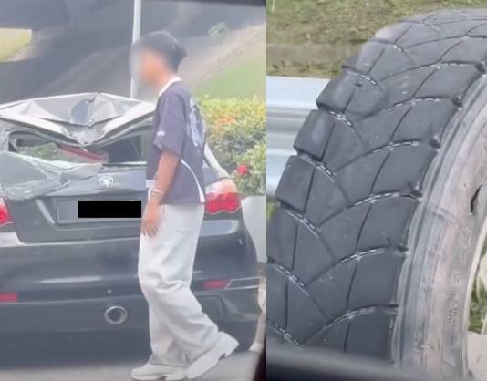 Tayar lori meletup, terpelanting timpa Proton Satria di SKVE