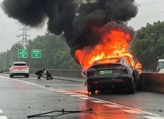 Tesla Model Y rentung terbakar rempuh pembahagi jalan