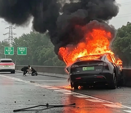 Tesla Model Y rentung terbakar rempuh pembahagi jalan